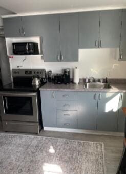 kitchen with gray cabinets, stainless steel appliances, light countertops, and a sink