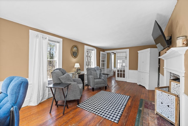 30 Joy Valley Rd, Buxton, ME 04093 - living room with hardwood / wood-style flooring, a premium fireplace, and french doors