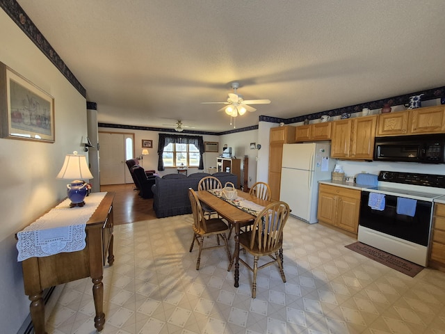 dining area with a textured ceiling, light floors, and ceiling fan