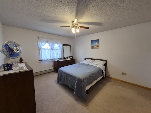 bedroom featuring ceiling fan, baseboards, light carpet, a textured ceiling, and a baseboard radiator