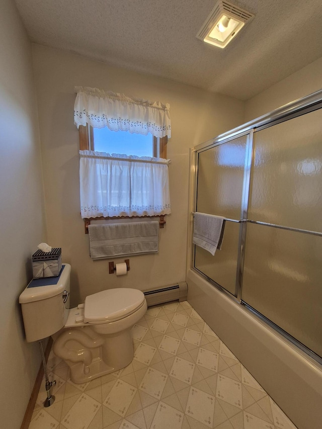 bathroom with visible vents, enclosed tub / shower combo, a textured ceiling, toilet, and baseboard heating