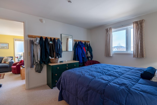 bedroom with baseboards and light colored carpet