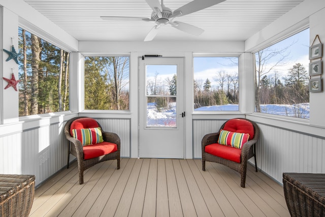 sunroom / solarium with a healthy amount of sunlight and a ceiling fan