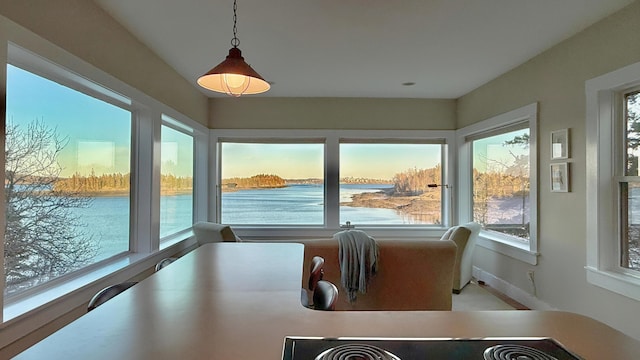 dining room featuring a wealth of natural light and a water view