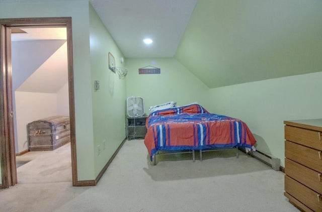 bedroom with baseboards, a baseboard radiator, carpet, and lofted ceiling
