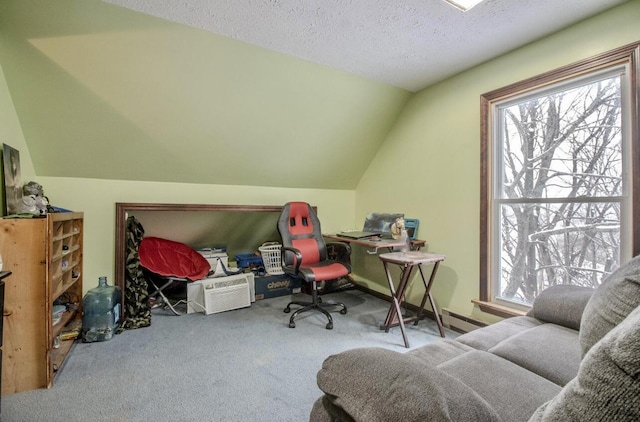 carpeted office featuring a baseboard radiator, a textured ceiling, and vaulted ceiling
