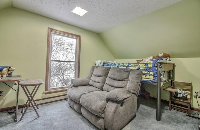 sitting room featuring carpet floors, baseboards, and vaulted ceiling