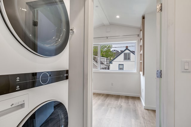 12 Romasco Ln, Portland, ME 04101 - laundry area featuring estacked washer and dryer, wood finished floors, baseboards, and recessed lighting