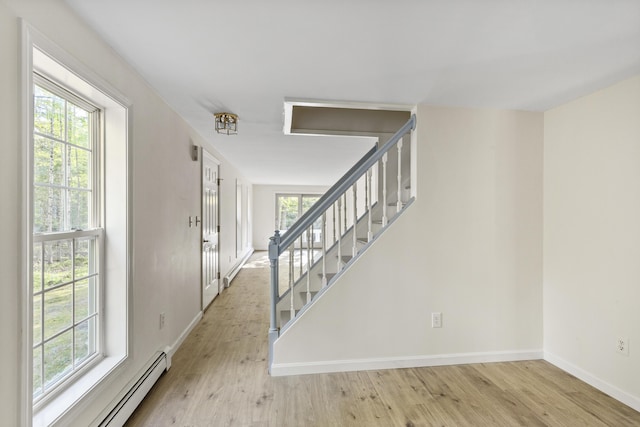 10 Trues Rd, Lincolnville, ME 04849 - stairway featuring wood finished floors, baseboard heating, and baseboards