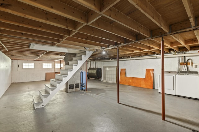 10 Trues Rd, Lincolnville, ME 04849 - basement featuring washing machine and dryer, heating fuel, and stairs