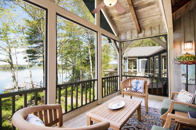29 Good Day Dr, South Bristol, ME 04568 - sunroom / solarium with a water view, ceiling fan, and healthy amount of natural light