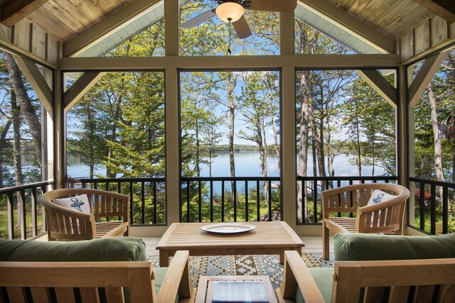 29 Good Day Dr, South Bristol, ME 04568 - sunroom featuring a water view, vaulted ceiling, and healthy amount of natural light