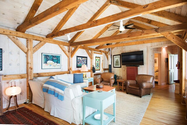 29 Good Day Dr, South Bristol, ME 04568 - living area with wood walls, wood finished floors, wood ceiling, and a ceiling fan