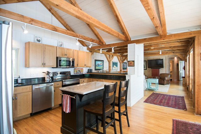 29 Good Day Dr, South Bristol, ME 04568 - kitchen featuring stainless steel appliances, light wood-type flooring, a peninsula, open floor plan, and light brown cabinets