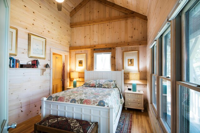 29 Good Day Dr, South Bristol, ME 04568 - bedroom featuring wood walls, high vaulted ceiling, wood finished floors, and wood ceiling