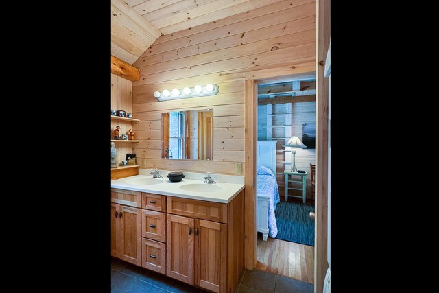 29 Good Day Dr, South Bristol, ME 04568 - full bath with double vanity, tile patterned floors, wooden walls, wooden ceiling, and vaulted ceiling