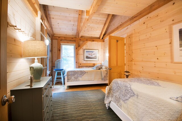 29 Good Day Dr, South Bristol, ME 04568 - bedroom with wood walls, wood ceiling, dark wood finished floors, and access to outside