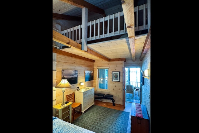 29 Good Day Dr, South Bristol, ME 04568 - bedroom with wood walls, wood finished floors, and wooden ceiling with exposed beams
