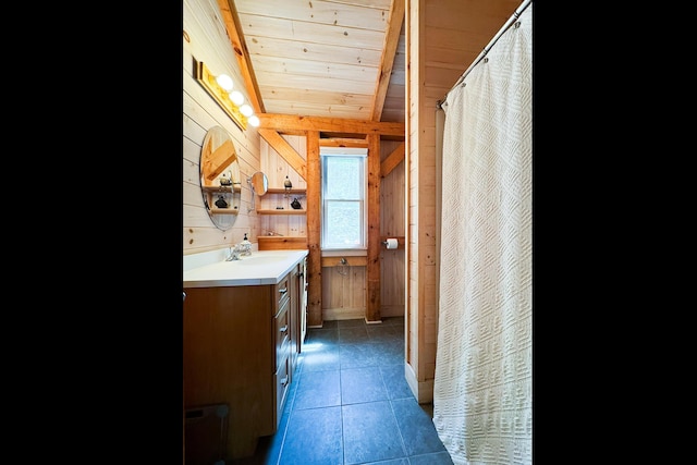 29 Good Day Dr, South Bristol, ME 04568 - full bath featuring wood walls, vanity, tile patterned floors, wood ceiling, and a shower with shower curtain