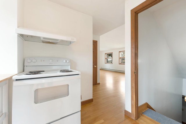 11 Elm Dr, York, ME 03909 - kitchen with white electric range oven, light wood finished floors, baseboards, and under cabinet range hood