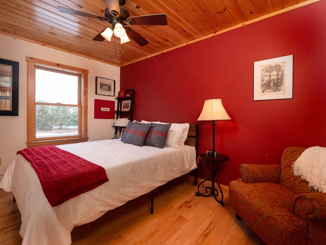 bedroom featuring ceiling fan, wood finished floors, and wooden ceiling