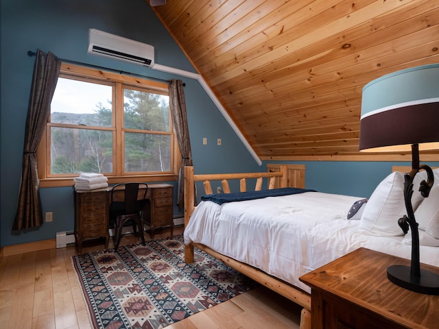 bedroom featuring lofted ceiling, an AC wall unit, hardwood / wood-style flooring, wooden ceiling, and baseboard heating