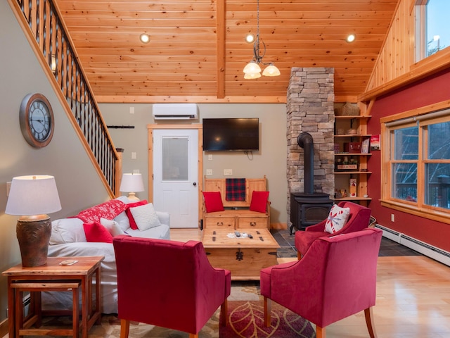 living area featuring a wall mounted air conditioner, a wood stove, high vaulted ceiling, wood ceiling, and stairs
