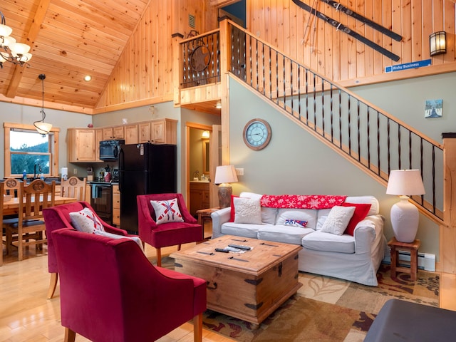 living area featuring stairs, wooden ceiling, baseboard heating, and high vaulted ceiling