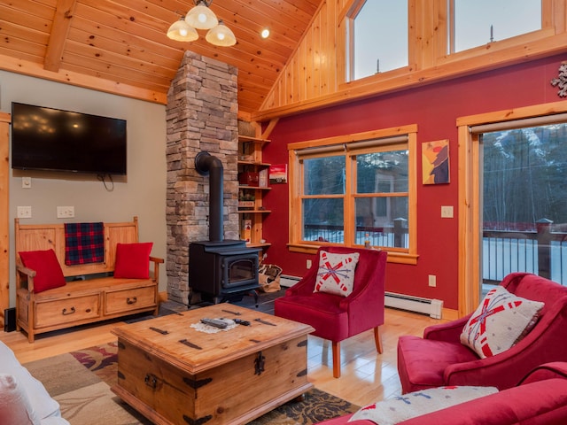living area featuring high vaulted ceiling, a baseboard radiator, a wood stove, wood ceiling, and light wood-type flooring