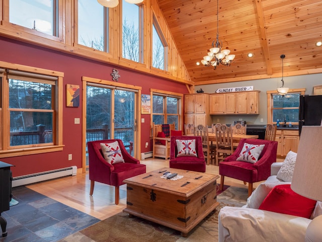 living area with a baseboard heating unit, a notable chandelier, wood ceiling, and high vaulted ceiling