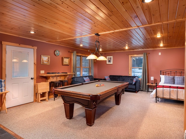 rec room featuring recessed lighting, carpet, wooden ceiling, and pool table