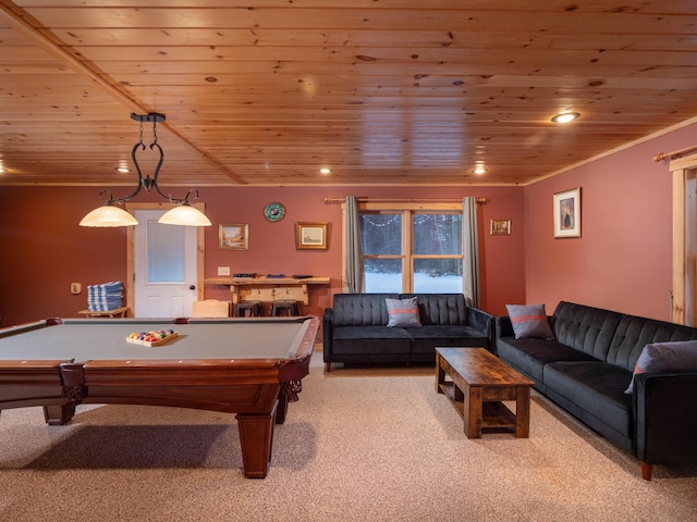 playroom with billiards, wood ceiling, recessed lighting, and light colored carpet