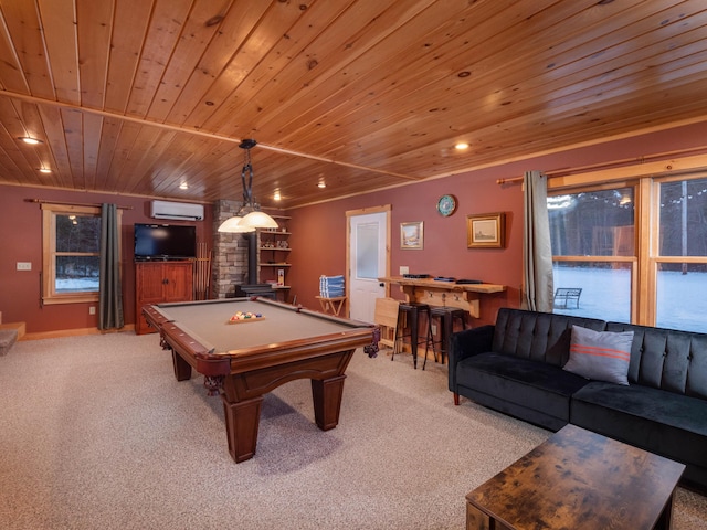playroom with light carpet, recessed lighting, and billiards
