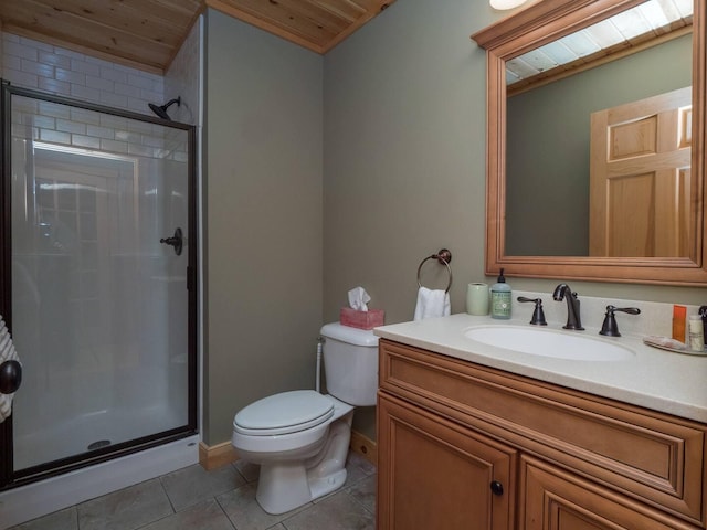 full bathroom featuring vanity, tile patterned flooring, a shower stall, wood ceiling, and toilet