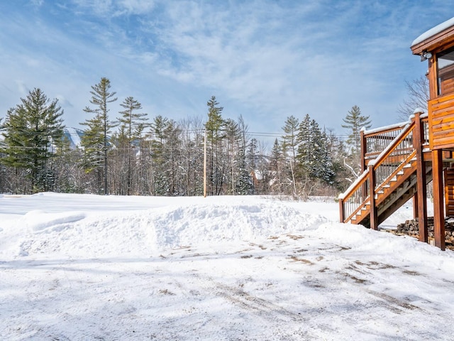 yard covered in snow featuring stairs
