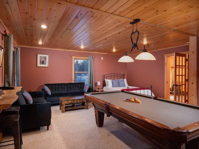rec room with billiards, carpet flooring, and wood ceiling