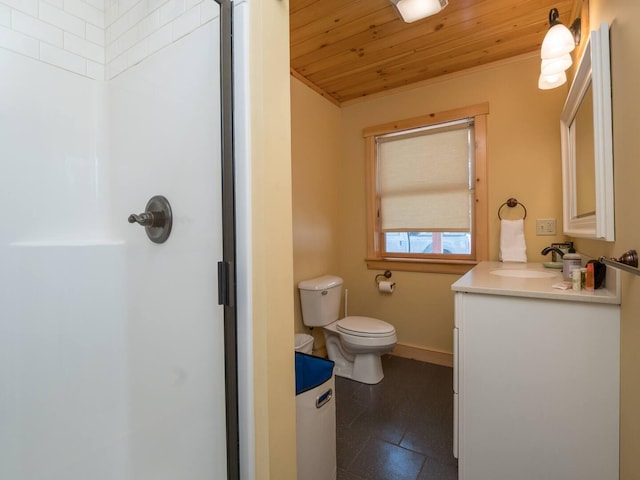 bathroom featuring a stall shower, toilet, wooden ceiling, and vanity