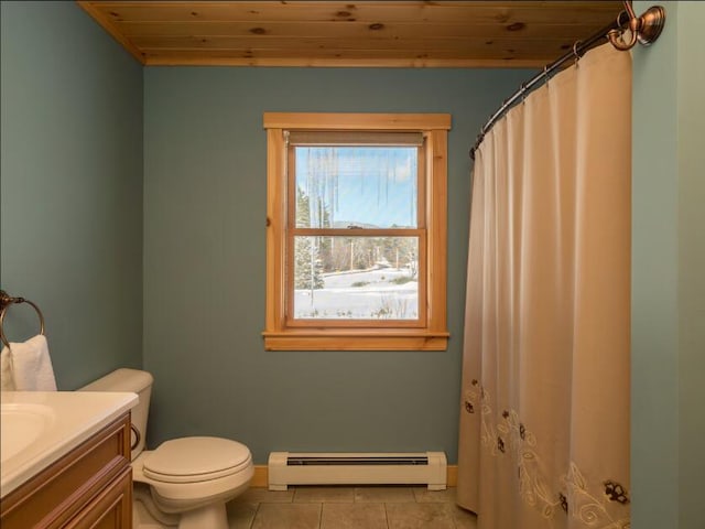 bathroom featuring vanity, tile patterned floors, wood ceiling, and baseboard heating