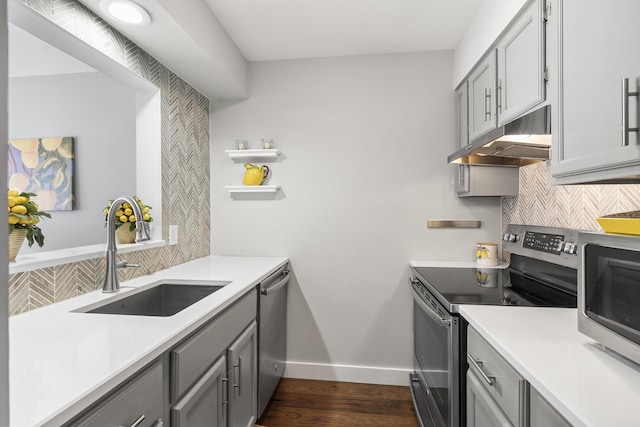 kitchen with gray cabinets, a sink, under cabinet range hood, appliances with stainless steel finishes, and backsplash