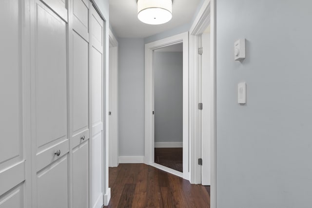 hall featuring baseboards and dark wood-type flooring