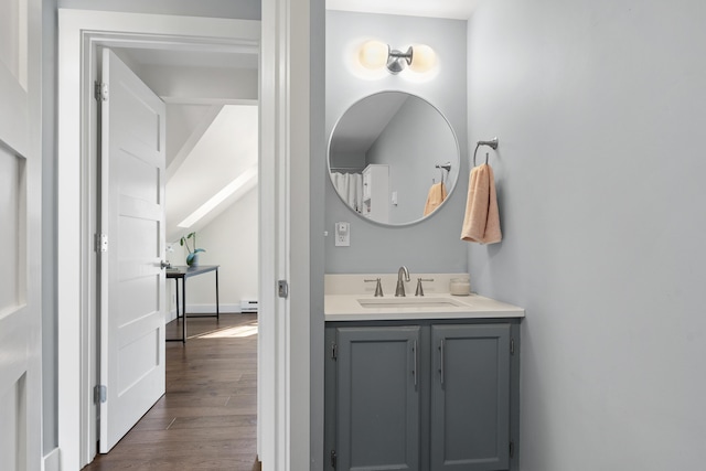 bathroom featuring a baseboard radiator, wood finished floors, and vanity