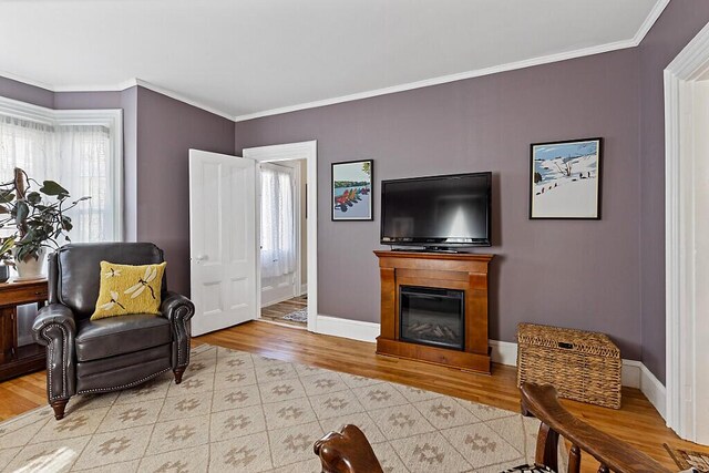 living area featuring a glass covered fireplace, crown molding, baseboards, and wood finished floors