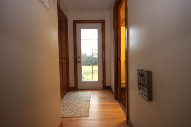 entryway featuring baseboards, a healthy amount of sunlight, and light wood finished floors