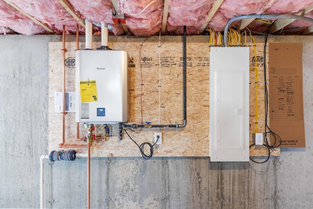 utilities featuring tankless water heater and electric panel