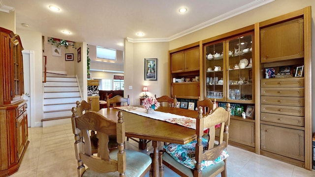 16 Ocean Greens Dr, Saco, ME 04072 - dining space with stairs, recessed lighting, ornamental molding, and light tile patterned floors