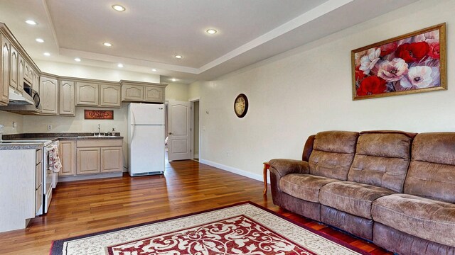 16 Ocean Greens Dr, Saco, ME 04072 - living room with a tray ceiling, baseboards, wood finished floors, and recessed lighting