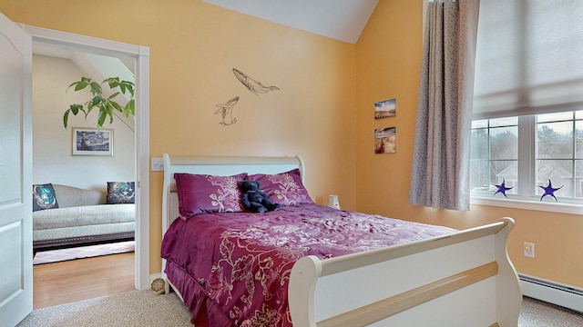 16 Ocean Greens Dr, Saco, ME 04072 - bedroom with carpet flooring, vaulted ceiling, and a baseboard heating unit