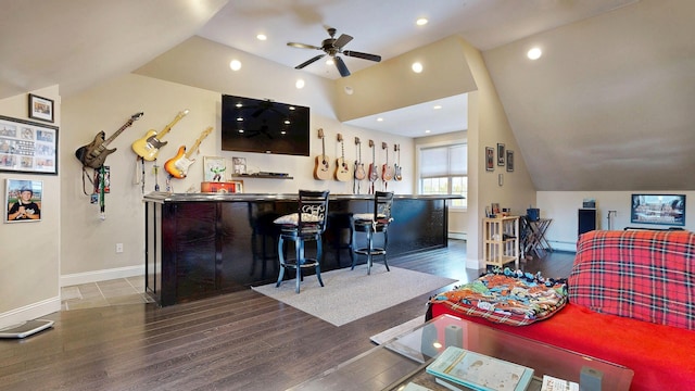 16 Ocean Greens Dr, Saco, ME 04072 - living area featuring lofted ceiling, baseboards, ceiling fan, indoor wet bar, and wood finished floors