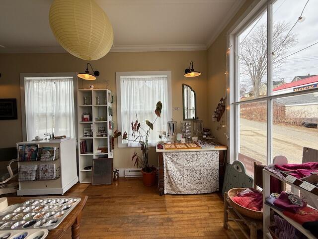 6 School St, Lubec, ME 04652 - interior space with a baseboard heating unit, crown molding, and wood finished floors
