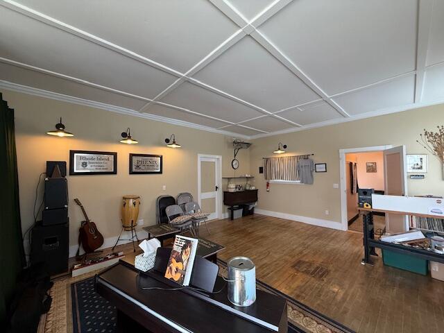 6 School St, Lubec, ME 04652 - living room with baseboards, coffered ceiling, and wood finished floors